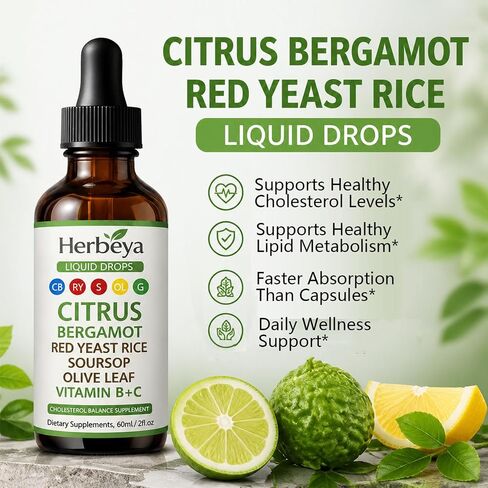 Herbeya Bergamot Liver Cleanse Formula - Red Yeast Rice Cholesterol Cleanse Liquid Drops, Citrus Bergamot Red Yeast Rice Drops Support Immune, Digestive & Gut Health, 60ml/2 fl oz (1) in Saudi Arabia
