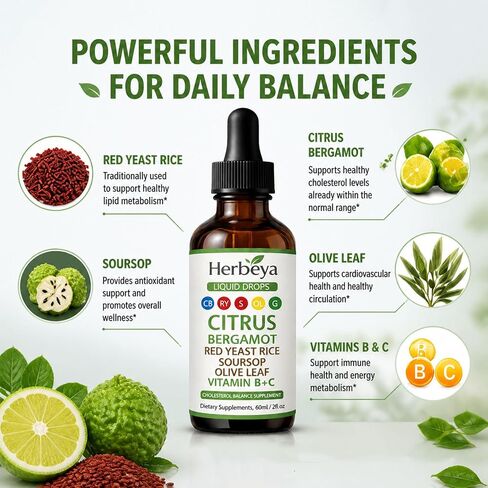 Herbeya Bergamot Liver Cleanse Formula - Red Yeast Rice Cholesterol Cleanse Liquid Drops, Citrus Bergamot Red Yeast Rice Drops Support Immune, Digestive & Gut Health, 60ml/2 fl oz (1) in Saudi Arabia