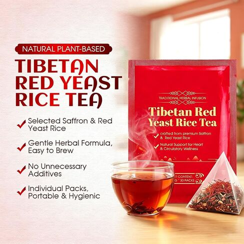 Tibetan Red Yeast Rice Tea Bags, Premium Herbal Infusion with 6 Precious Ingredients for Men And Women, Supports Daily Vitality, All-Natural Formulal, (1 Pack/30 Bags) (2pcs) in Kuwait