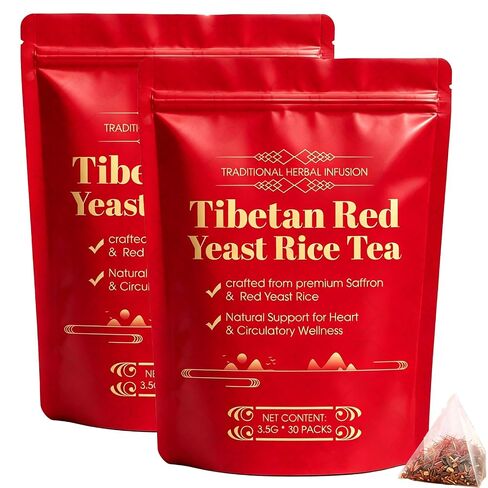 Tibetan Red Yeast Rice Tea Bags, Premium Herbal Infusion with 6 Precious Ingredients for Men And Women, Supports Daily Vitality, All-Natural Formulal, (1 Pack/30 Bags) (2pcs) in Kuwait