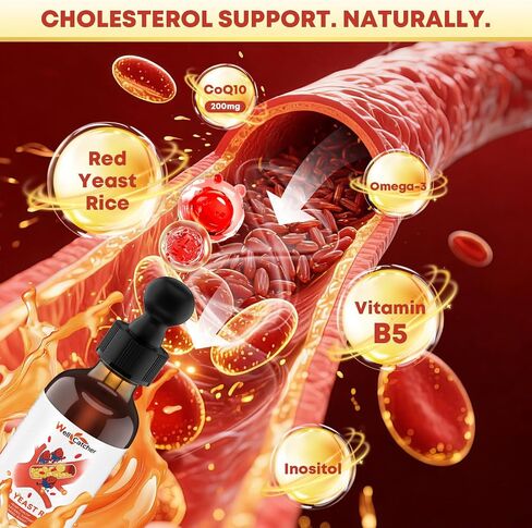 Red Yeast Rice with CoQ10 Drops: Organic Red Yeast Rice Extract Liquid 2400mg Support Cholesterol & Heart Health for Men Women with Omega-3 Inositol, Blood Orange Flavor Vegan Sugar Free in Saudi Arabia