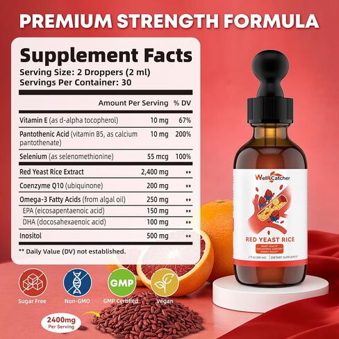 Red Yeast Rice with CoQ10 Drops: Organic Red Yeast Rice Extract Liquid 2400mg Support Cholesterol & Heart Health for Men Women with Omega-3 Inositol, Blood Orange Flavor Vegan Sugar Free in Saudi Arabia