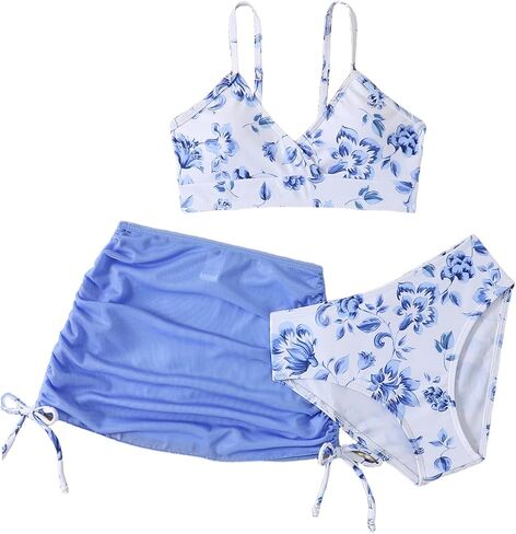 Girl's 3 Piece Sets Floral Print Bikini Swimsuit High Waisted Bathing Suits with Beach Skirt Coverups in Kuwait