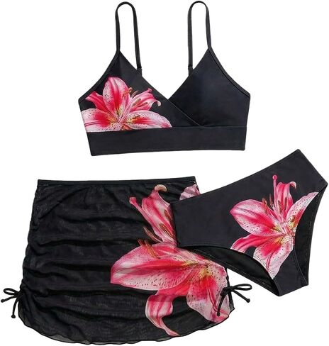 SHENHE Girl's 3 Piece Swimsuits V Neck Floral Bikini Set Bathing Suits with Cover Up Skirt in Kuwait