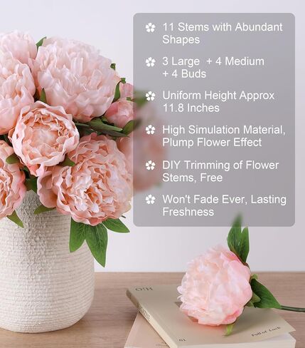 florisso Light Pink Peony Artificial Flowers - 11 Branches Silk Peonies for Vase Arrangements, Wedding Decor & Living Room Accents (Faux Flowers) in Saudi Arabia