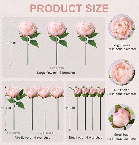 florisso Light Pink Peony Artificial Flowers - 11 Branches Silk Peonies for Vase Arrangements, Wedding Decor & Living Room Accents (Faux Flowers) in Saudi Arabia