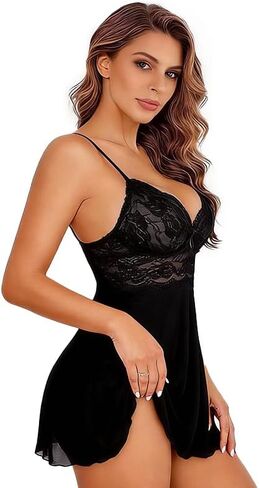 DITSONEO Women's Sexy Lace Lingerie Set Deep V Babydoll with G-String – Sheer Mesh Sleepwear Teddy Lingerie for Women in Saudi Arabia