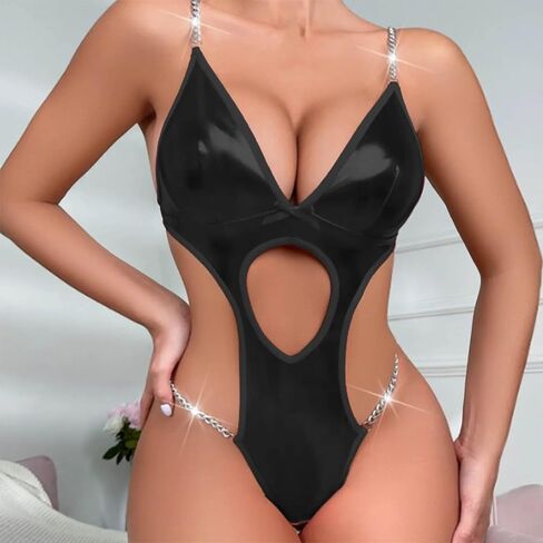Women Sexy Cut Out PU Leather Bodysuit Deep V Teddy One Piece Chains Lingerie in Kuwait