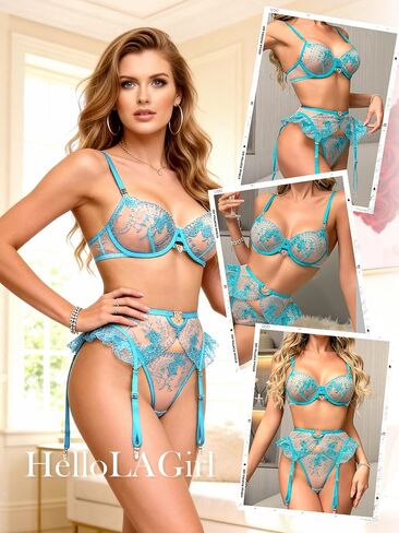 HELLOLAGIRL Sexy Lingerie Set for Women,Lace Womens Lingeries flower Teddy Lingerie 3 Piece with Garter Belt in Kuwait