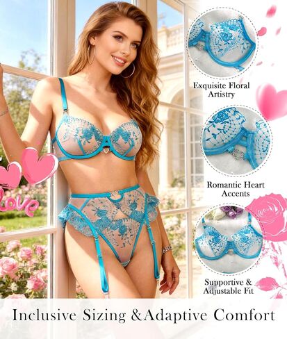 HELLOLAGIRL Sexy Lingerie Set for Women,Lace Womens Lingeries flower Teddy Lingerie 3 Piece with Garter Belt in Kuwait
