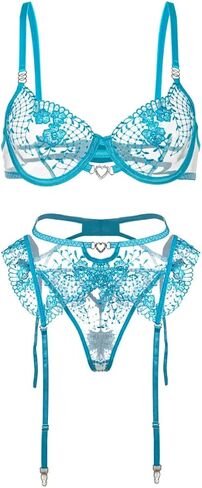 HELLOLAGIRL Sexy Lingerie Set for Women,Lace Womens Lingeries flower Teddy Lingerie 3 Piece with Garter Belt in Kuwait