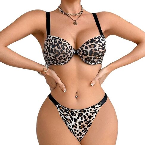 Viomisha Women's Leopard Print Lingerie Set Push-Up Bra and Thong Padded Underwire With Adjustable Straps in Kuwait