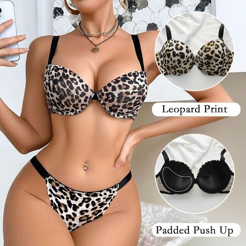 Viomisha Women's Leopard Print Lingerie Set Push-Up Bra and Thong Padded Underwire With Adjustable Straps in Kuwait