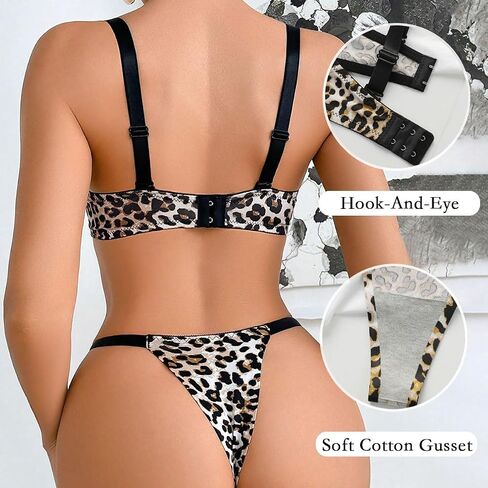 Viomisha Women's Leopard Print Lingerie Set Push-Up Bra and Thong Padded Underwire With Adjustable Straps in Kuwait