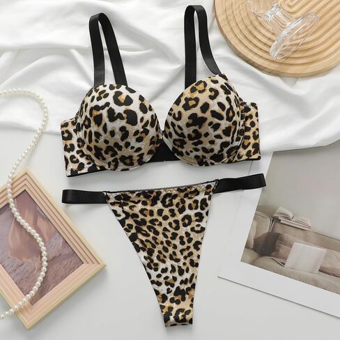 Viomisha Women's Leopard Print Lingerie Set Push-Up Bra and Thong Padded Underwire With Adjustable Straps in Kuwait