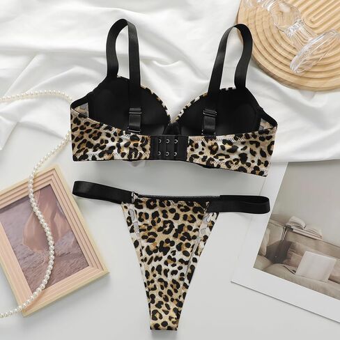 Viomisha Women's Leopard Print Lingerie Set Push-Up Bra and Thong Padded Underwire With Adjustable Straps in Kuwait