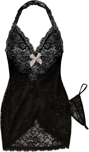 Women's Floral Lace Sheer Lingerie Set Bow Pear Chain Backless Halter Nightgown with Thong Nightwear in Kuwait