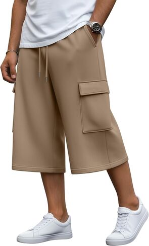 Men's Capri Cargo Casual 3/4 Shorts Elastic Waist Drawstring Above Ankle Wide Leg Pants Baggy with Pockets in Kuwait