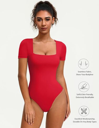 Avidlove Body Suits Womens Double Lined Square Neck Bodysuit Sexy Thong Body Suit Short Sleeve Red Outfits in Kuwait