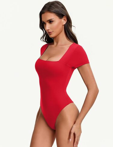 Avidlove Body Suits Womens Double Lined Square Neck Bodysuit Sexy Thong Body Suit Short Sleeve Red Outfits in Kuwait