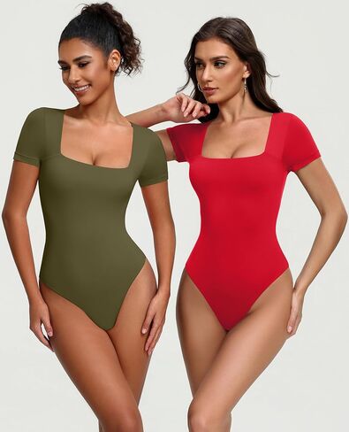 Avidlove Body Suits Womens Double Lined Square Neck Bodysuit Sexy Thong Body Suit Short Sleeve Red Outfits in Kuwait