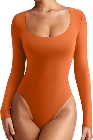 REORIA Womens Basic Sexy Scoop Neck Long Sleeve Leotards Fashion Fall Outfits Double Lined Layering Slim Soft Bodysuits Tops Harvest Pumpkin Small in Kuwait