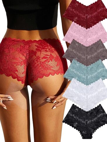 Womens Lace Underwear 6 Pack V Waist Cheeky Boyshort Panties Soft Breathable Lingerie Shorts Comfortable Everyday Panties in Kuwait