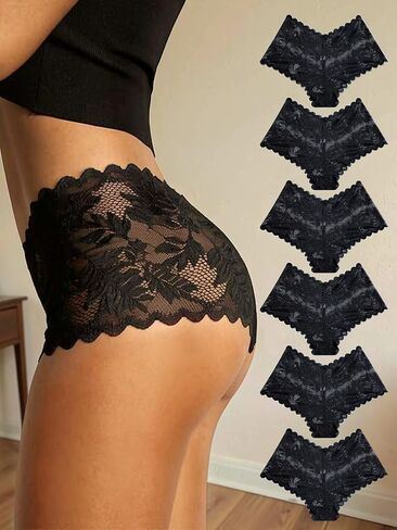 Womens Lace Underwear 6 Pack V Waist Cheeky Boyshort Panties Soft Breathable Lingerie Shorts Comfortable Everyday Panties in Kuwait