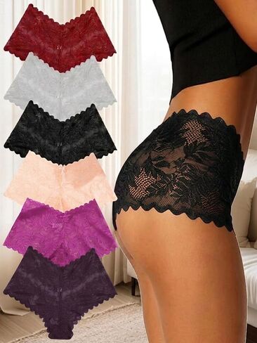 Womens Lace Underwear 6 Pack V Waist Cheeky Boyshort Panties Soft Breathable Lingerie Shorts Comfortable Everyday Panties in Kuwait