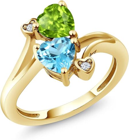 Gem Stone King 18K Yellow Gold Plated Silver Green Peridot Swiss Blue Topaz Ring For Women (1.81 Cttw, Heart Shape 6MM, Gemstone August Birthstone) in Kuwait