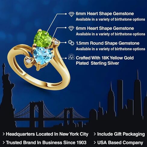 Gem Stone King 18K Yellow Gold Plated Silver Green Peridot Swiss Blue Topaz Ring For Women (1.81 Cttw, Heart Shape 6MM, Gemstone August Birthstone) in Kuwait
