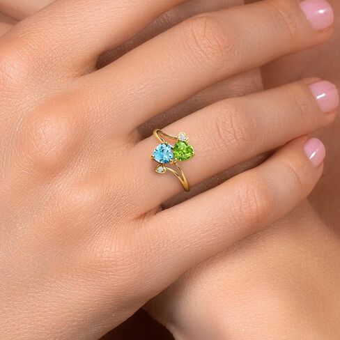 Gem Stone King 18K Yellow Gold Plated Silver Green Peridot Swiss Blue Topaz Ring For Women (1.81 Cttw, Heart Shape 6MM, Gemstone August Birthstone) in Kuwait