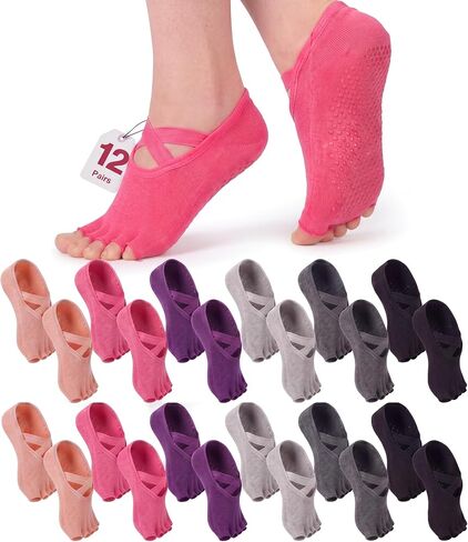 Jeyiour 12 Pairs Pilates Socks with Grip for Women Non Slip Yoga Toeless Socks with Grip Straps for Barre Ballet Yoga Dance Barefoot Workout Plasticity Multicolor in Kuwait
