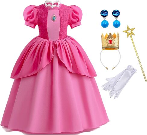 WZWLKJ Girls Princess Peach Costume Super Bros with Crown Headband earrings Gloves for Peach Cosplay dress up in Kuwait