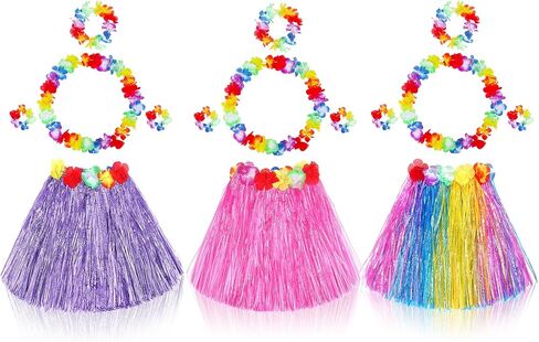 Fortuning's JDS 3 Sets Girl's Elastic Hawaiian Hula Dance Grass Skirt with Flower Costume Set for Luau Tropical Beach Party in Saudi Arabia