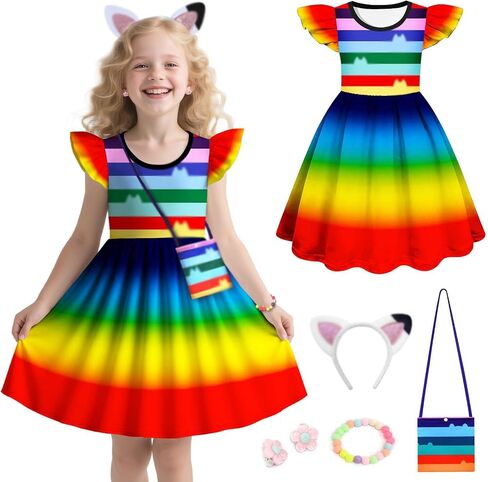 Girl Kids Rainbow Tutu Dress Toddlers Cat Birthday Outfits Set for 4-8 Years in Saudi Arabia