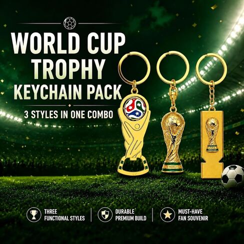 World Cup Trophy Keychain 3 Pack, Soccer Fan Gift Set | Bottle Opener Keyring, Mini Replica World Cup Trophy & Sports Whistle Key Chain in Saudi Arabia
