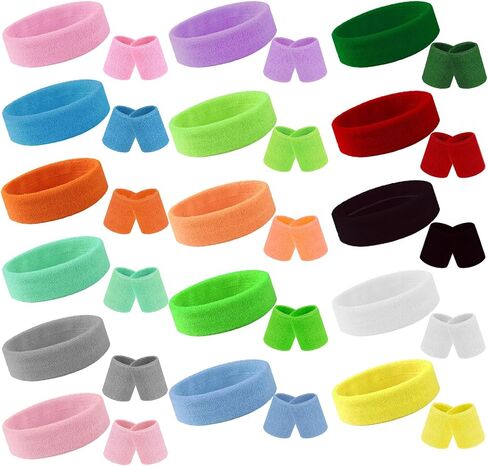 48 Pcs Neon Sweatbands Set 16 Sets Sports Headband and Wristbands Colorful Sports Headband Wristband for Man and Women Bulk Headband Wristband Set Cotton Terry Basketball Tennis（16 Colors） in Saudi Arabia