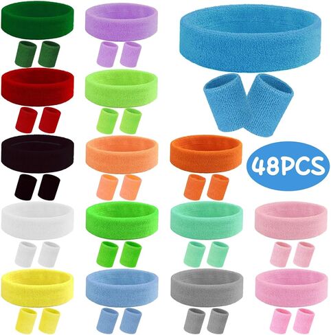 48 Pcs Neon Sweatbands Set 16 Sets Sports Headband and Wristbands Colorful Sports Headband Wristband for Man and Women Bulk Headband Wristband Set Cotton Terry Basketball Tennis（16 Colors） in Saudi Arabia