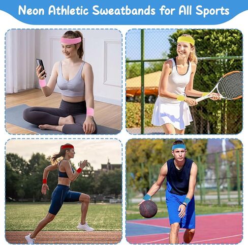 48 Pcs Neon Sweatbands Set 16 Sets Sports Headband and Wristbands Colorful Sports Headband Wristband for Man and Women Bulk Headband Wristband Set Cotton Terry Basketball Tennis（16 Colors） in Saudi Arabia