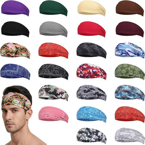 24 Pcs Sports Headbands for Men & Women - Camo, Patterned, Solid Colors - Non Slip Moisture Wicking Headband for Running, Cycling, Yoga, Gym & Outdoor Work in Saudi Arabia