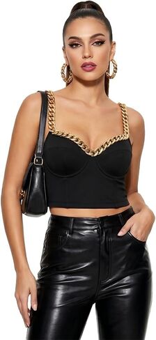 Gold Cuban Chain V-neck Bustier Crop Top For Women with Adjustable Straps in Saudi Arabia
