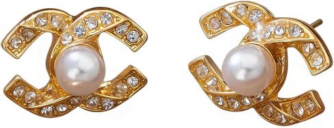 Golden Pearl Stud Earrings for Women, Cubic Zirconia Paved Designer Style Earrings with faux Pearl, Elegant Luxury Fashion Jewelry idea for Women in Kuwait