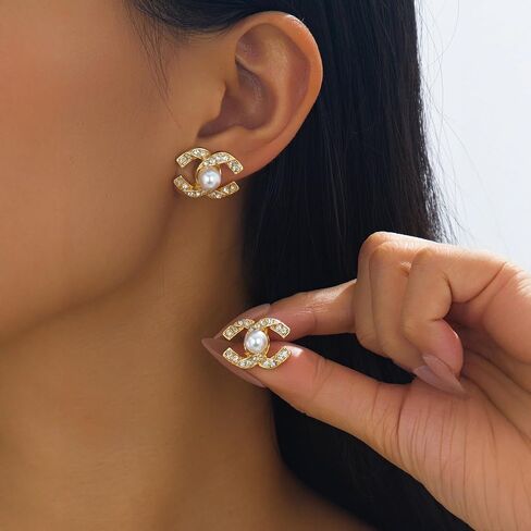Golden Pearl Stud Earrings for Women, Cubic Zirconia Paved Designer Style Earrings with faux Pearl, Elegant Luxury Fashion Jewelry idea for Women in Kuwait