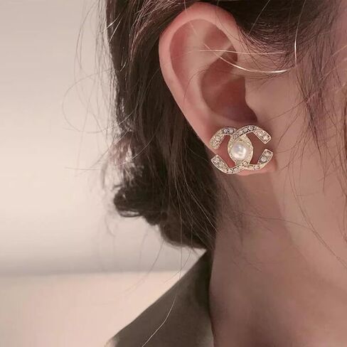 Golden Pearl Stud Earrings for Women, Cubic Zirconia Paved Designer Style Earrings with faux Pearl, Elegant Luxury Fashion Jewelry idea for Women in Kuwait