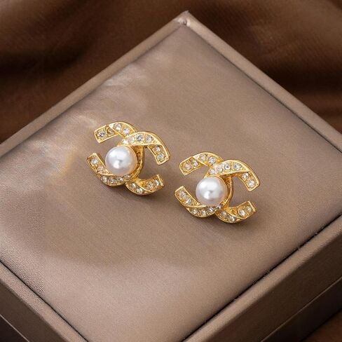 Golden Pearl Stud Earrings for Women, Cubic Zirconia Paved Designer Style Earrings with faux Pearl, Elegant Luxury Fashion Jewelry idea for Women in Kuwait