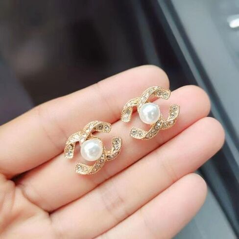 Golden Pearl Stud Earrings for Women, Cubic Zirconia Paved Designer Style Earrings with faux Pearl, Elegant Luxury Fashion Jewelry idea for Women in Kuwait