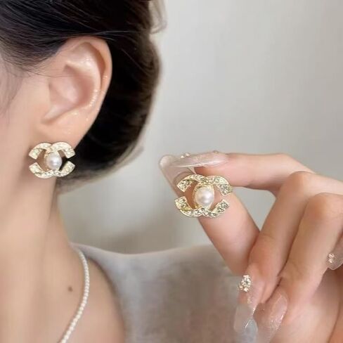 Golden Pearl Stud Earrings for Women, Cubic Zirconia Paved Designer Style Earrings with faux Pearl, Elegant Luxury Fashion Jewelry idea for Women in Kuwait