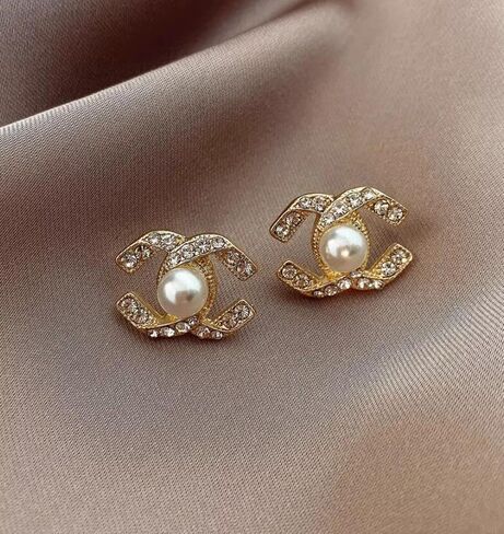 Golden Pearl Stud Earrings for Women, Cubic Zirconia Paved Designer Style Earrings with faux Pearl, Elegant Luxury Fashion Jewelry idea for Women in Kuwait