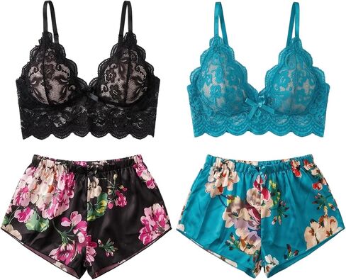 Women's 2 Piece Lingerie Set: Sexy Floral Satin Pajamas & Scalloped Lace Bralette Sleepwear in Saudi Arabia